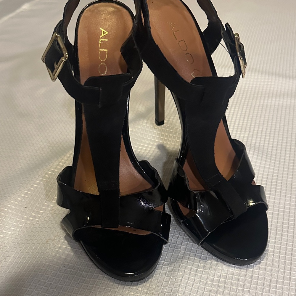Aldo Black Patent & Suede T-Strap Stilettos